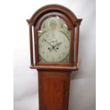 Mid C19th oak long cased clock, painted Arabic break arch dial with seconds and date indicator (