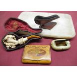 L Goetsch late C19th French cased pipe with amber mouth piece, late C19th maple snuff box with inset