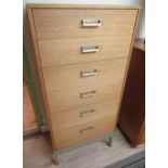 Vintage G-Plan Limba tall chest of six drawers, on metal base and legs, W55cm D41cm H122cm