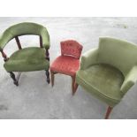 C20th office chair, upholstered bow back on turned supports, an upholstered arm chair and a dressing