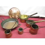 C19th copper warming pan with turned fruit wood handle L90cm, set of three late C19th brass