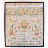 Late C19th woolwork alphabet and numerical sampler with embroidered animals and foliage, worded '