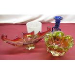 Mid C20th Murano glass style bowl with scroll handles with Murano label, another Murano glass