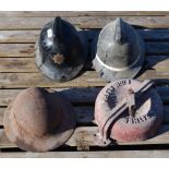 Pair of vintage firemen's helmets, WWII warden's helmet, Merryweather fire alarm possibly from