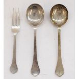 Pair of Geo. V hallmarked silver soup spoons with triffid ends and a matching fork. Sheffield 1926