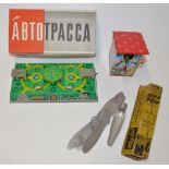Russian clockwork tinplate road layout toy, excellent condition but missing wind up key and