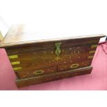 Small Indian hardwood mule chest, inlaid with copper and brass scrolling leafage, hinged top with