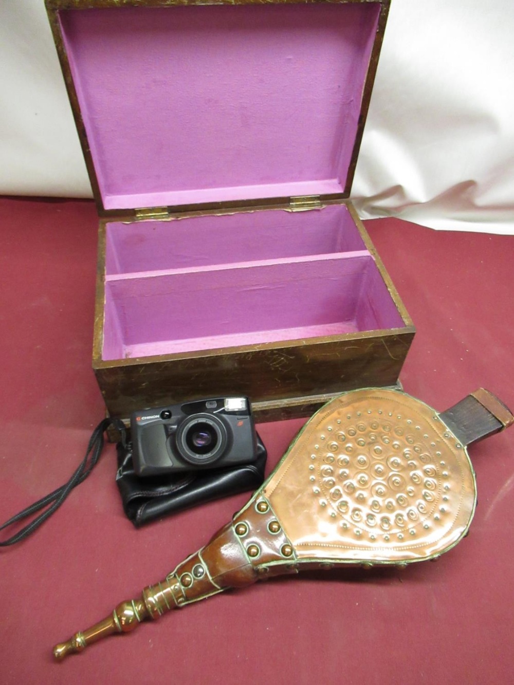 Arts and Crafts period bellows with tooled copper front and back L48cm, C20th stained pine box