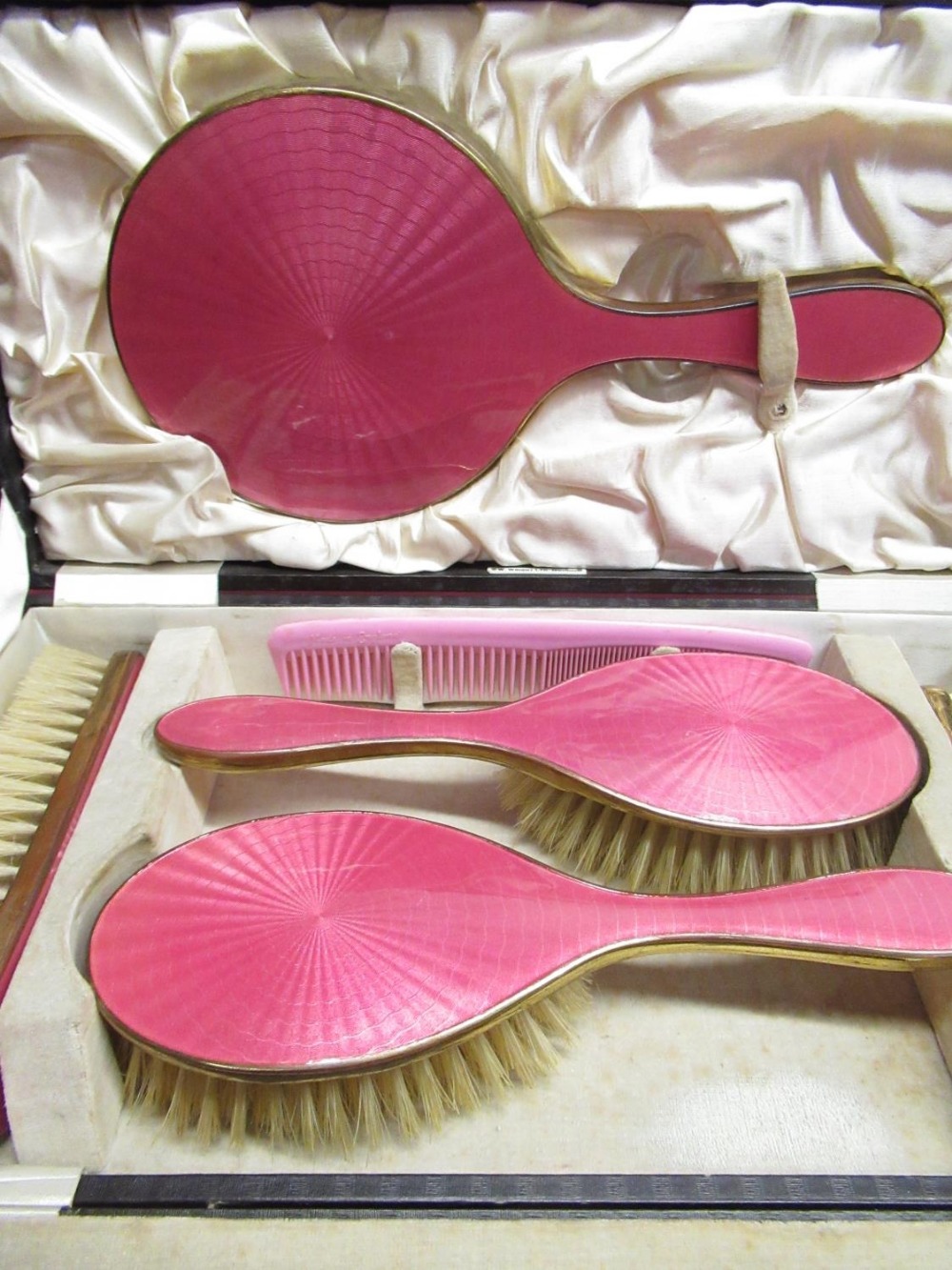 W Wright Ltd Jewellers 1930's pink enamel five piece ladies dressing table set, hand mirror, two - Image 2 of 4