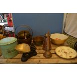 Kitchenalia including jam pots, weighing scales, posser, large mixing bowl etc