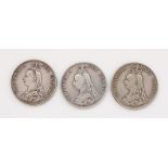 Three Victorian silver crowns, 1887, 1888 and 1889.