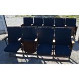 Run of four Kalee cast iron framed Cinema seats with curved backs and lift-up seats, L235cm D43cm