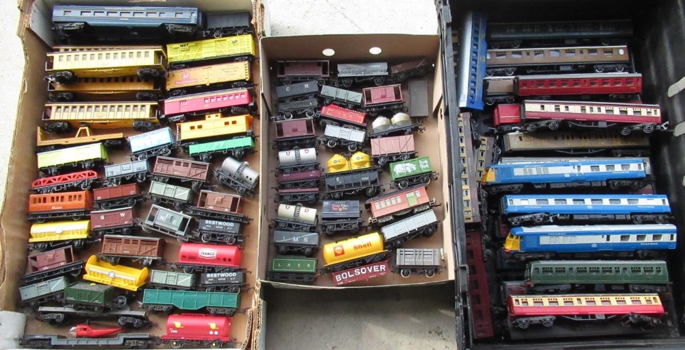 Large collection of Hornby and other OO gauge unboxed rolling stock, incl. coaches etc, (3 boxes)