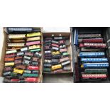 Large collection of Hornby and other OO gauge unboxed rolling stock, incl. coaches etc, (3 boxes)