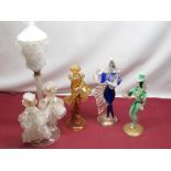 Three Mdina style figures of dancing ladies and stylised streetlamp with dancing couple