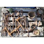 Large collection of tools including farrier/blacksmiths tools, woodworking plane, cobblers last,