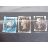 Victoria, 2 x penny blacks (SG 1) and a 2d blue (sg1a) used (3)