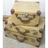 Pair of Steamer type canvas and leather bound suitcases and matching hat box with nickel plated