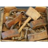 Collection of woodworking tools including hand drills, block planes, mallet etc