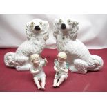 Pair of late C19th King Charles Spaniels, H30cm, pair of late C19th Bisque figures of young children