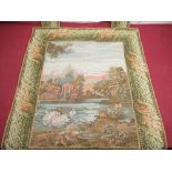 Late C20th Rococo style wall hanging tapestry depicting a young couple seated by a lake, and another