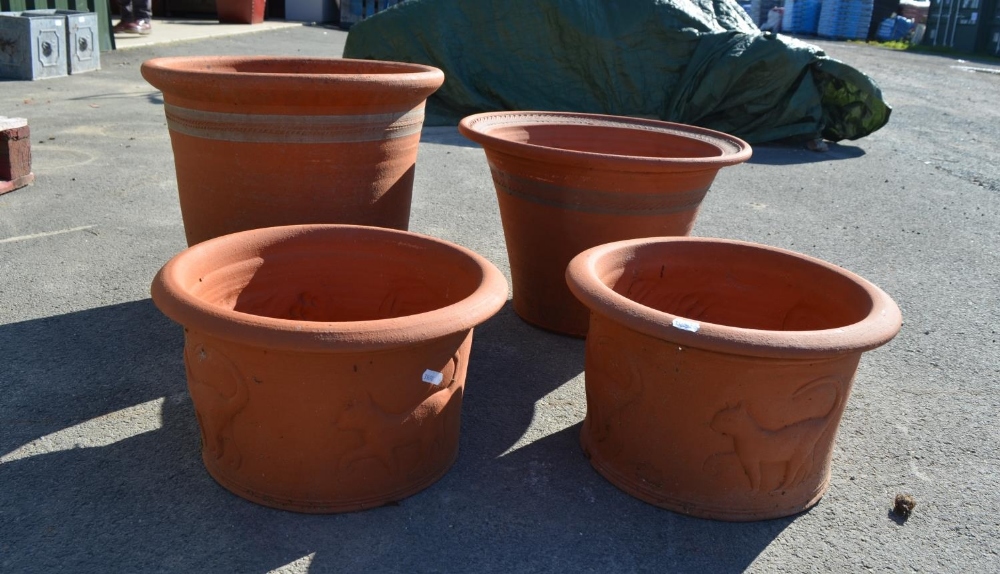 4 terracotta pots, 2 with Greek style rim pattern, and 2 with walking cats, Largest D44cm, H38cm (8)