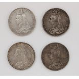 Four Victorian silver crowns, 1887 through 1890