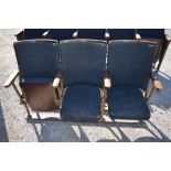 Run of three Kalee cast iron framed Cinema seats with curved backs and lift-up seats, L150cm D43cm