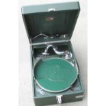 HMV table top Gramophone, retailed by The Chas Fox Piano Co. Leeds, green finish case