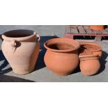 4 terracotta pots, Ali Baba style, largest approx D36cm, H40cm