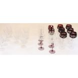 Selection of cut glass drinking glasses to include coloured hock glasses, violet stem hock glasses