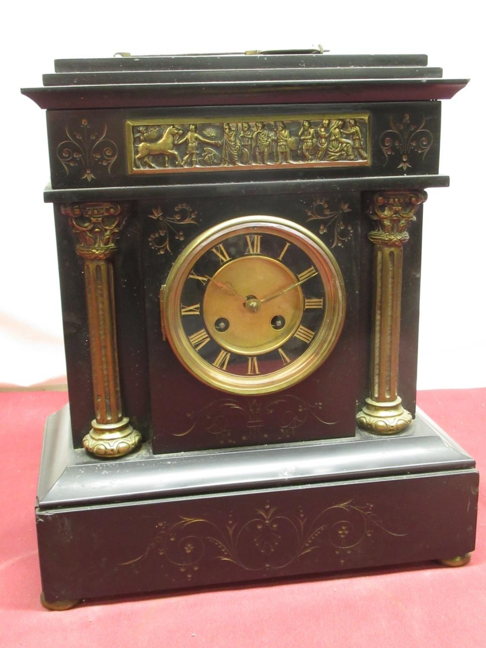 G.R late C19th French slate architectural mantle clock, cast brass classical frieze over half cast