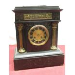 G.R late C19th French slate architectural mantle clock, cast brass classical frieze over half cast