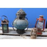 Rare vintage railway lamp with coloured blue globe glass, two hurricane lamps and a vintage candle