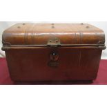 Early C20th metal trunk with brass lock (A/F) and side handles, brass makers plate for 'W.E.