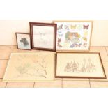 Collection of three embroidered pictures, a print of a Labrador and a pencil sketch of a Labrador.