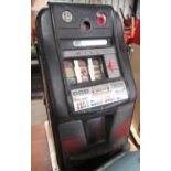 Mills One Armed Bandit 1d fruit machine, grey finish metal case with chrome and polished metal
