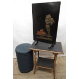 Lloyd loom cylindrical linen basket, Edwardian bamboo occasional table and a 1950's fire screen (3)