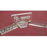 Venton hand made glass promotional sign, perspex triangular Lalique promotional sign, glass