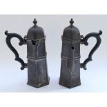 Geo.V hallmarked silver cafe au lait set, hexagonal form with dome tops and ebony scroll handles.