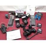 Flash guns and other accessories including two Vivitar 283 flashguns, Centon FH80 flashgun, off