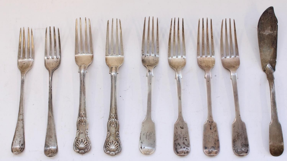 Selection of various hallmarked silver forks and a fish knife to include a pair Geo. III Kings