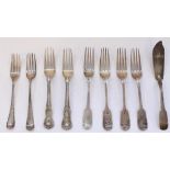 Selection of various hallmarked silver forks and a fish knife to include a pair Geo. III Kings