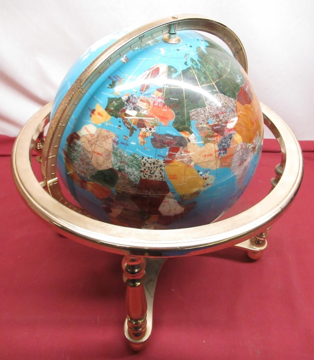 Polished hardstone type Terrestrial globe on gilt metal stand, H45cm
