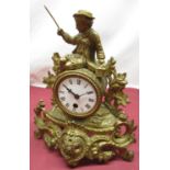 Late C19th gilt spelter figural mantel time piece, white enamelled Roman dial, and a C19th slate