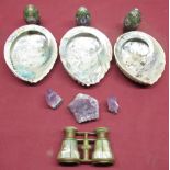 Three small Champleve enamel style eggs, three Abalone shells, three pcsof Rose quartz and a pair of