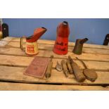 3 small oil cans from Shell, Castrol, etc, small oil dropper and lubricating equipment, Bacon's