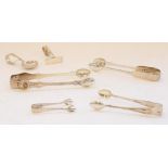 Selection of hallmarked silver sugar tongs to include plain cast pair, London 1784 by Hester Bateman