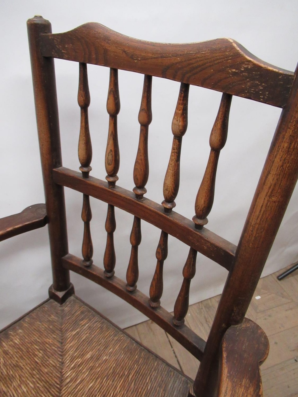 C20th North Country ash and elm spindle back rush seat elbow chair , turned supports with stretchers - Image 2 of 2