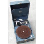 Antoria table top Gramophone, retailed by Morgan of Bondgate Darlington, blue finish case